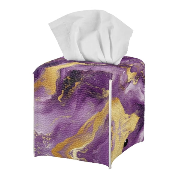 POLERO Tissue Box Holder Waterproof - Square Leather Tissues Cube Box Cover -Purple Golden Marble Decorative Car Facial Tissue Holder on Table and Barthroom, 5.1"X5.1"X5.5"