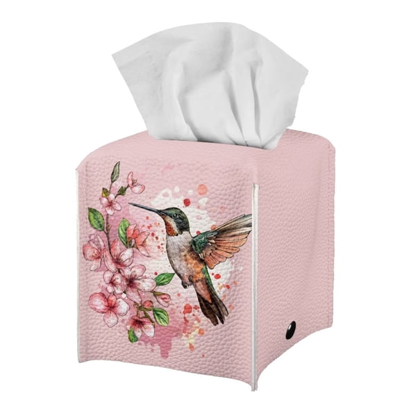 POLERO Tissue Box Holder Waterproof - Square PU Leather Tissues Cube Box Cover -Pink Hibiscus Hummingbird Decorative Car Facial Tissue Holder on Table and Barthroom, 5.1"X5.1"X5.5"