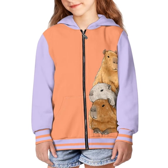 POLERO Toddler Boys Hoodies Cute Capybara Orange Purple Print Sweatshirt Boys Jacket Zipper Hoodie Top Kids Coat Winter Long Sleeve Hooded Shirts 8-10 Years