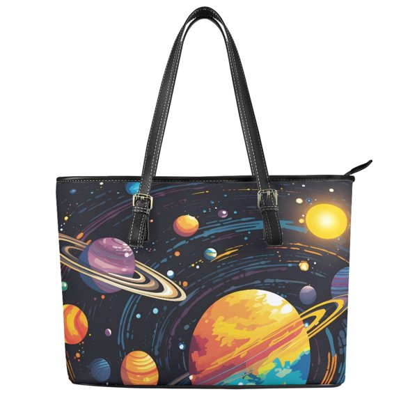 POLERO Tote Bag Space Planets Practicality Handbag for Shopping, Leather Waterproof Zipper Saddle Handbag