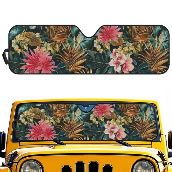 POLERO Tropical Flower Palm Leaves Windshield Sun Shade for Car Off-road Vehicle (52.95x16.14 Inches), Retro Sun Shade Windshield, Shades for Front Windows, Protector Blocks UV, Fashion Car Decor