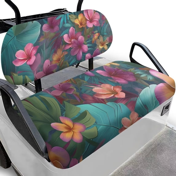 POLERO Tropical Golf Cart Seat Covers for Club Car Precedent Ordinary Seats, Plumeria Floral Leaves Print Breathable Front and Back Seat Cushion Cover for Golf Cart, Easy to Install