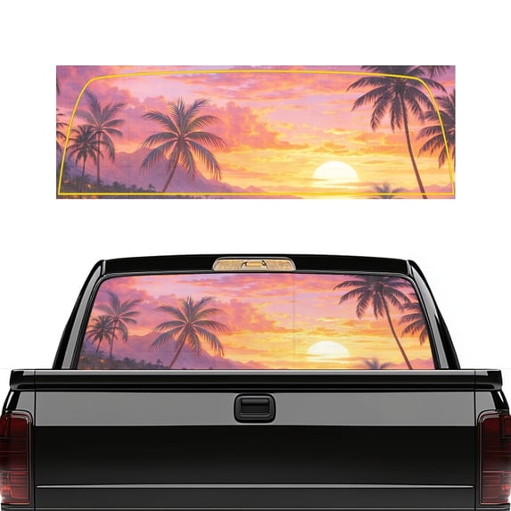 POLERO Tropical Sunset Beach Theme Pickup Car Window Stickers, UV Protection Vinyl, Heat & UV Blocking Removable Car Rear Windshield Sunshade Weatherproof
