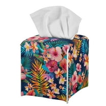 POLERO Tropical Tissue Box Cover, Hibiscus Palm Leaves Square Tissue Box Holder with Bottom Belt - Waterproof PU Leather Decorative Organizer for Tabletop, Bathroom, Car, Office