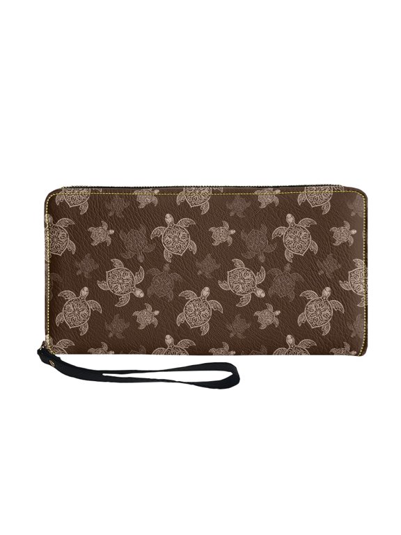 Turtle Mandala Pattern Portable Long Purse for Business Travel Shopping, PU Leather Zip Around Women's Wallets
