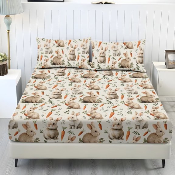 POLERO Twin Sheets Set 3Pieces Elastic Soft Cozy Fitted Sheet & Pillowcases Set Retro Rabbit Carrot Bed Sheets Sets Easy Fit Wrinkle Free All-Season Bedding for Women