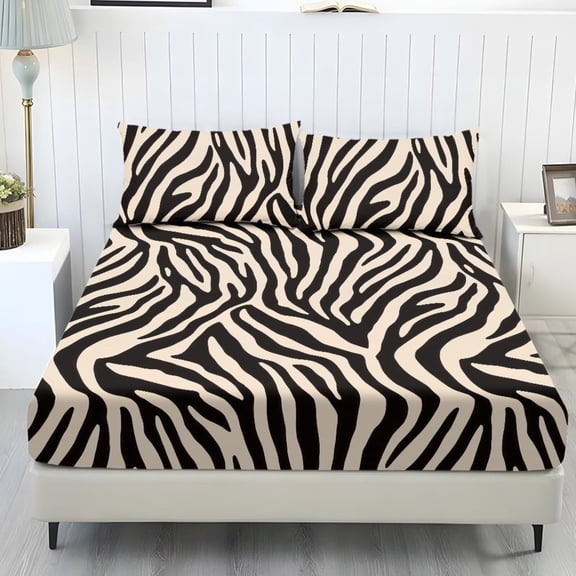 POLERO Twin Size 3 Piece Sheet Set Wrinkle Free Zebra Stripe Sheets Set with Pillowcases Cooling Elastic Fitted Bedding Set for All Around Use Easy Care