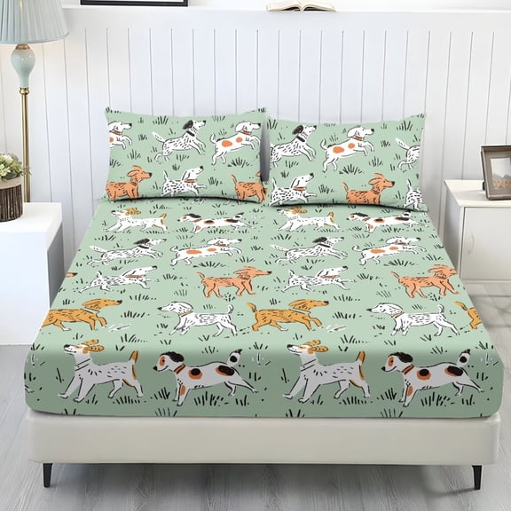 POLERO Twin Size Bed Sheets Set 3-Piece Breathable Non-Slip Cute Dog Fitted Bedsheet Wrinkle Free Non Slip 1 Fitted Sheet and 2 Pillowcases for Year-Round Use