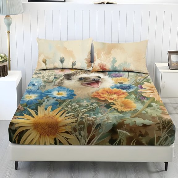 POLERO Twin Size Bed Sheets Set 3-Piece Comfy Non-Slip Fitted Bottom Bedsheet Wrinkle Free Sheet & Pillowcase Set for Ideal Comfy Sleep,Hamster Flower Field
