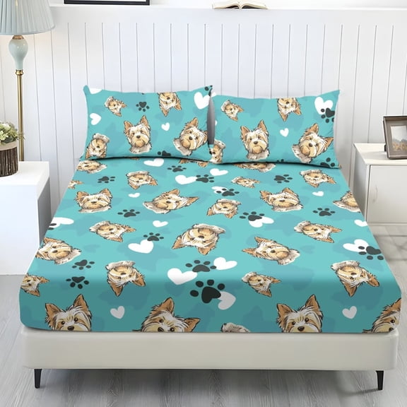POLERO Twin Size Bed Sheets Set 3 Piece Heart Dog Print Bedding Sheet Set with 9.8 Inch Standard Pocket Easy Install Bedsheet and Pillowcases for Bedroom Home Decor