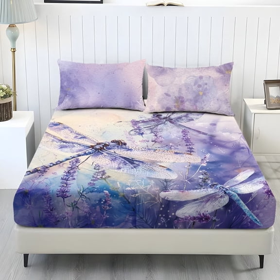 POLERO Twin Size Fitted Sheet Set Cozy Stretchy 3 Pieces Bedding Sheet Set Easy & Secure Fit Bed Sheets with Standard Pocket 9.8 Inch for Home Decor,Dragonfly Lavender