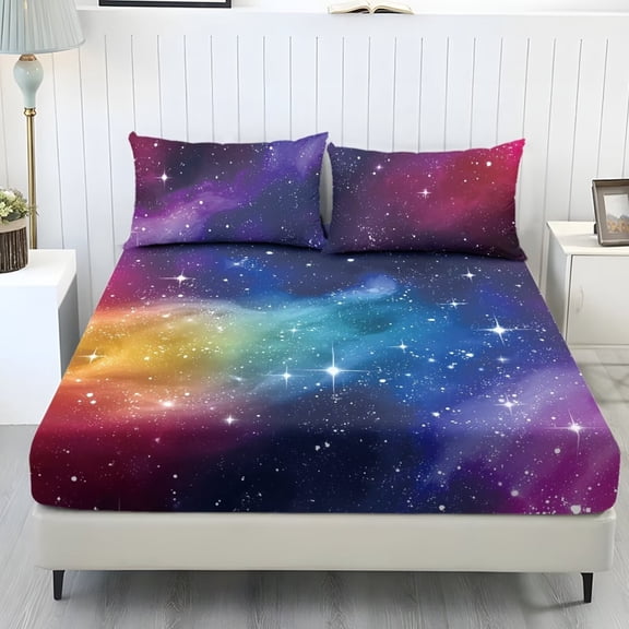 POLERO Twin Size Sheets Set Cooling Elastic Bed Sheets 3Pieces Easy Install Fitted Sheet with Standard Pocket 9.8 Inch and 2 Pillowcases Wrinkle Resistant,Starry Sky
