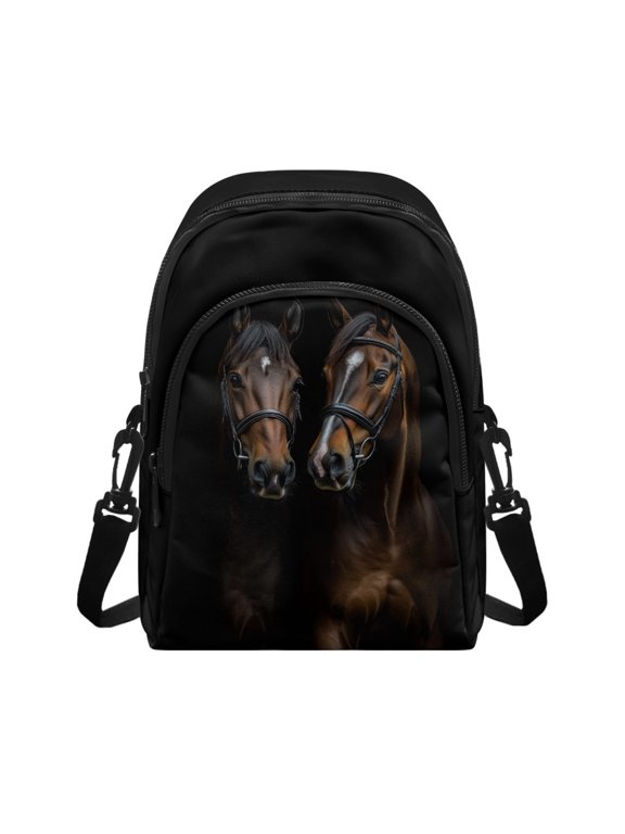 Two Horses Portrait Print Lightweight Sling Bag, Polyester Zipper Closure Crossbody Purse for Shopping Traveling Daily Use