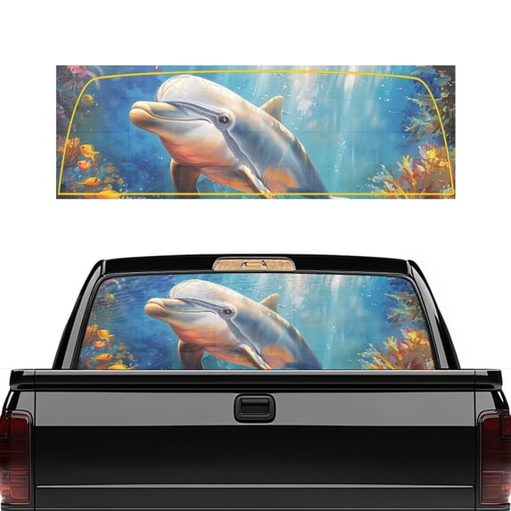 POLERO Underwater Dolphin Back Window Decal, Perforated Weatherproof Vinyl Sticker, 66.9 x 22.4 Inches for Most Pickup Trucks