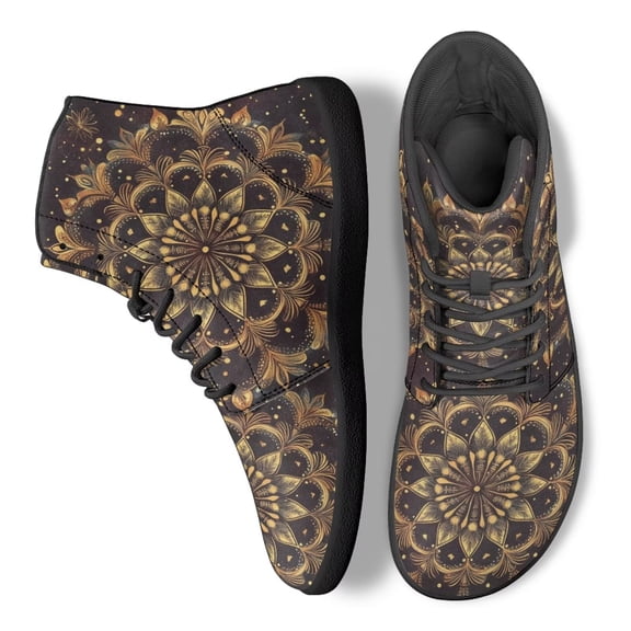 POLERO Unisex Gold Boho Mandala High Top Running Sneakers for Men Women Non Slip Walking Barefoot Shoes Classic Brown Athletic Flat Sneaker Lace Up Tennis Training Strap Shoe