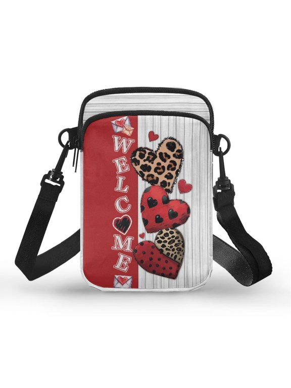 Valentine's Day Cell Phone Purse Featuring Leopard Heart Pattern, Adjustable Strap Crossbody Bag for Kids Daily Travel and Shopping