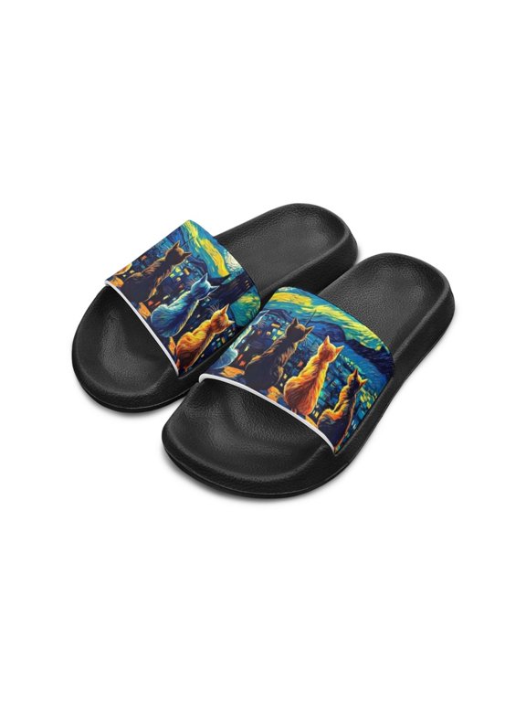 Van Gogh Style Cat Print Kids Slide Sandals - Non-Slip Soft EVA Slippers for Beach, Pool & Indoor Daily Wear - Trendy Summer Footwear for Boys & Girls