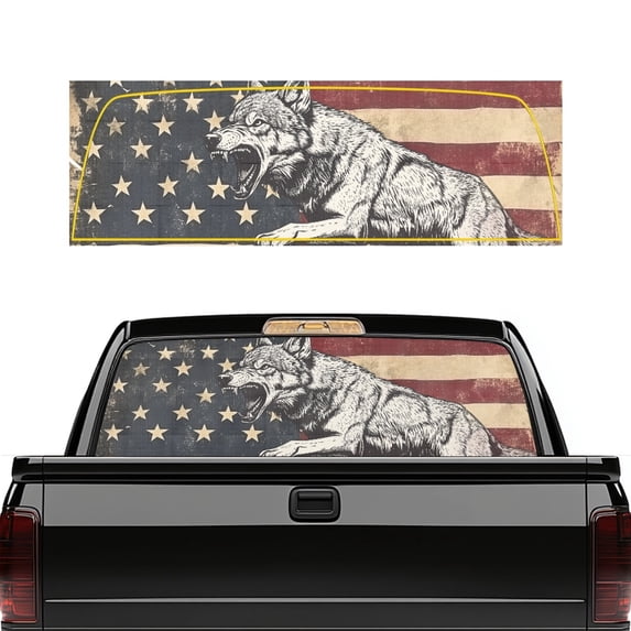 POLERO Vintage American Flag Wolf Pickup Truck Rear Window Decal 66.9" x 22.4", FadeResistant Weatherproof Vinyl Perforated Stickers for Most Trucks