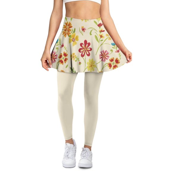 POLERO Vintage Floral Beige Skirted Yoga Legging Fall Winter Ruffle Pleated Tennis Leggings with Pockets Full Length Running Pants for Women High Waisted Workout Pants