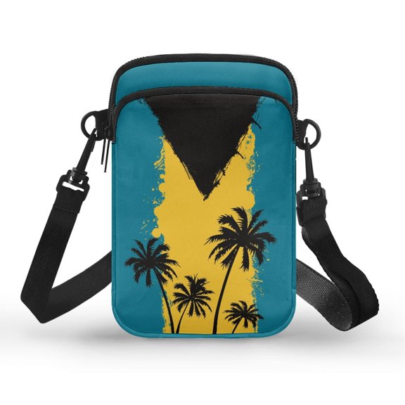 POLERO Vintage Palm Tree Silhouette Pattern with Grunge Gradient Background Lightweight Crossbody Bag for Travel Work, 2 Zippers Adjustable Strap Cell Phone Purse