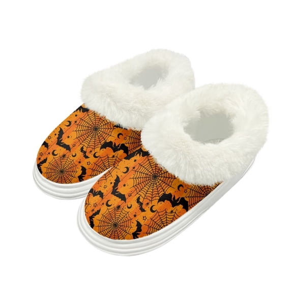 POLERO Warm House Slipper for Women Men Orange Bat Spiderweb Print Indoor Fuzzy Slippers Fluffy Plush Thick Sole Winter Casual House Shoes, Size 8-9