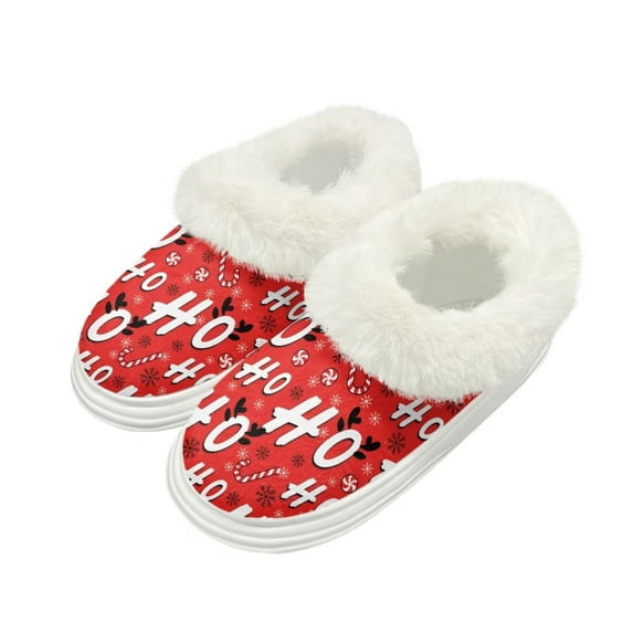 POLERO Warm House Slipper for Women Men Red Print Indoor Fuzzy Slippers Fluffy Plush Thick Sole Winter Casual House Shoes, Size 8-9