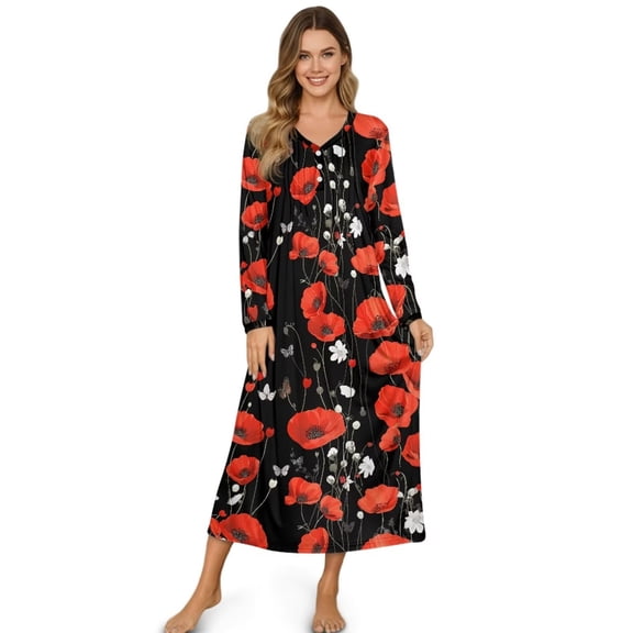 POLERO Warm Nightgowns for Women Red Poppy Print Loose Long Sleeve House Dress Plus Size Sleepwear Loungewear for Pajama Party, 3XL