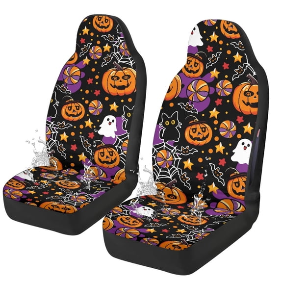 POLERO Washable Car Seat Covers for Auto, Polyester Stretchy Auto Seat Cover Protector, Halloween Pumpkin Cat Ghost
