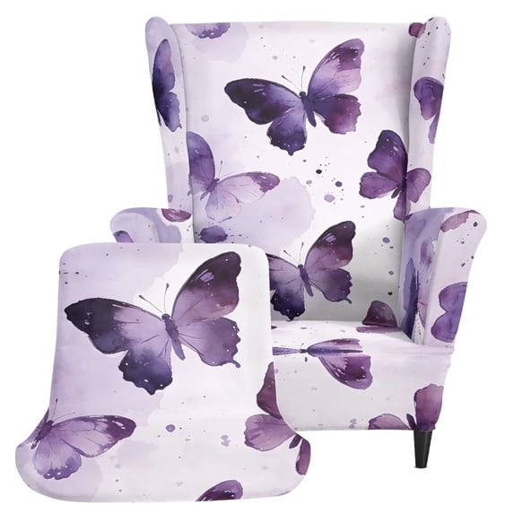 POLERO Watercolor Purple Butterfly Pattern 2 Piece Armchair Slipcover, Non-slip Washable Wingback Chair Slipcover Spandex Wing Chair Slipcovers for Home Indoor