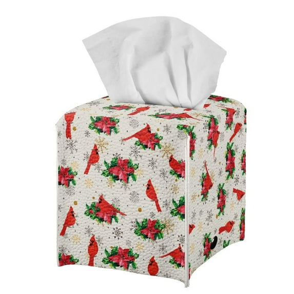 POLERO Waterproof Tissue Box Cover, PU Leather Square Car Tissue Holder with Red Cardinal Pattern - Decorative Organizer for Bathroom Vanity Countertop, Night Stands, Office Desk & Car