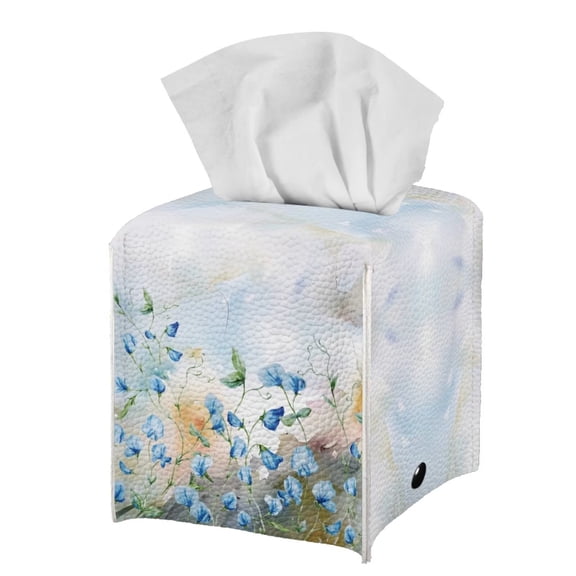 POLERO Waterproof Tissue Box Cover Square with Blue Floral Print, Leather Tissue Box Holders ,Facial Paper Organizer Dispenser for Bathroom, Car, Office, 5.1"X5.1"X5.5"