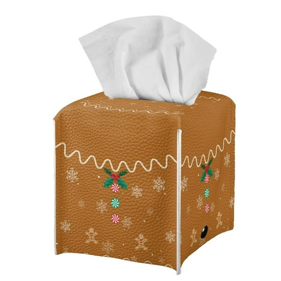 POLERO Waterproof Tissue Box Cover Square Christmas Decor, Brown Leather Tissue Box Holders ,Facial Paper Organizer Dispenser for Bathroom, Car, Office, 5.1"X5.1"X5.5"