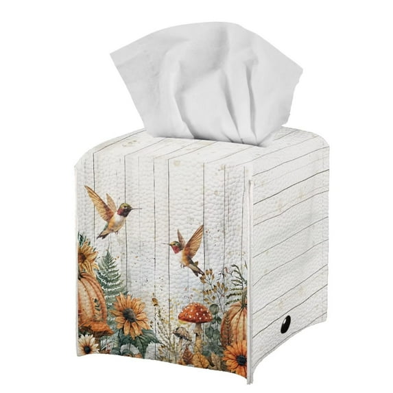 POLERO Waterproof Tissue Box Cover, Square PU Leather Car Tissue Holder, Thanksgiving Decorative Facial Paper Organizer Dispenser for Bathroom, Night Stands, -Hummingbird Pumpkin