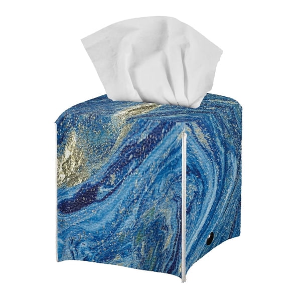 POLERO Waterproof Tissue Box Holder, Square PU Leather Tissue Box Cover, Abstract Marble Texture Decorative Facial Paper Organizer Dispenser for Bathroom, Night Stands, Desk, 5.1X5.1X5.5''