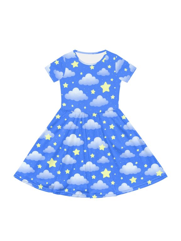 White Cloud Pattern Kids Short Sleeve Casual Dress Polyester Spandex Blend Personalized Stretchy 2-14 Years Old Girls Casual Dress for Little Girls