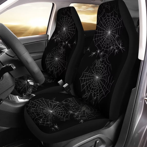 POLERO White Halloween Spider Web Print Front Only Car Seat Cover for Women Men, Washable Soft Thin Vehicle Seat Protector for Auto Sedan SUV Truck Accessories Set of 2