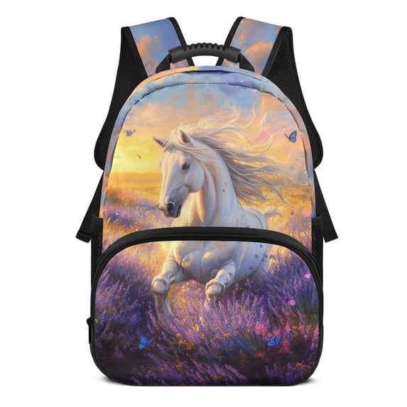 POLERO White Horse Lavender Design 17 Inch Backpack for Teenagers, Polyester Lightweight with Side Pocket Travel Ruckpack for Work