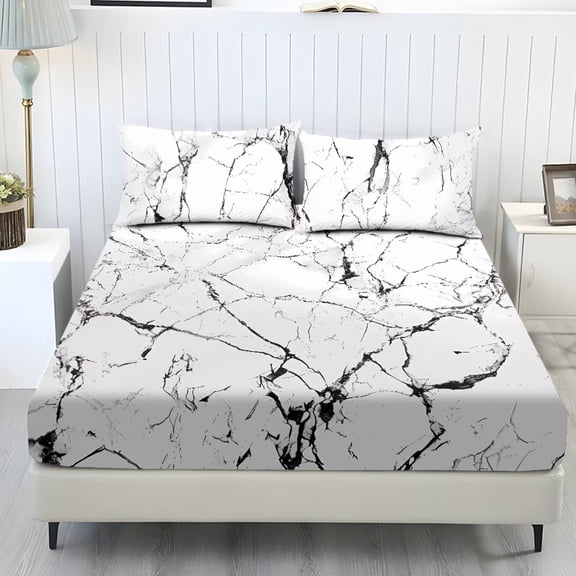 POLERO White Marble Sheets Set for Queen Size Beds Stretchable Washable Bedding Fitted Sheets Set of 3 with Pillowcases Comfy Lightweight Easy Care Bed Sheet Sets
