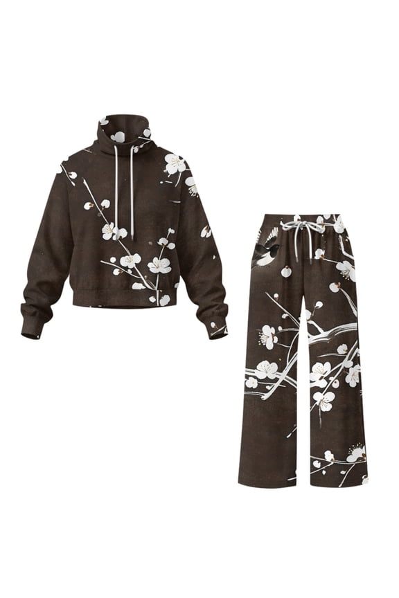 White Plum Blossom Double Sided Cloth Womens Sweatsuits 2 Piece Set with Wide Leg, Wear Resistant Windproof Lounge Sets for Weekend Daily City Trip