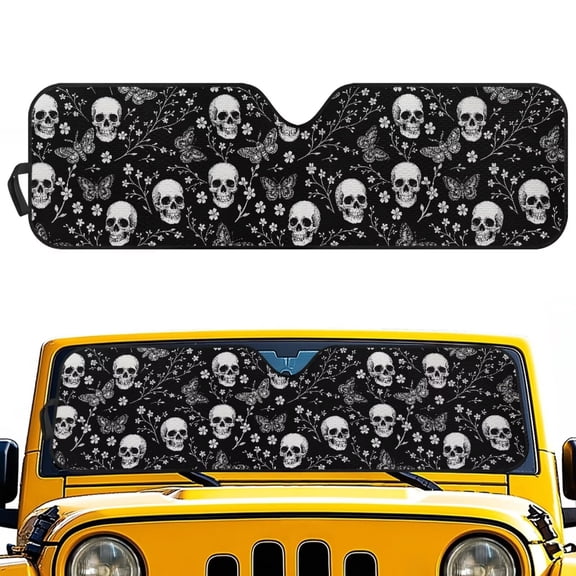 POLERO White Skull Butterfly Print Car Windshield Sun Shade Block UV Rays Universal Sun Visor Protector for Car,ORV Accordion Folding Sunshade Keep Vehicle Cool