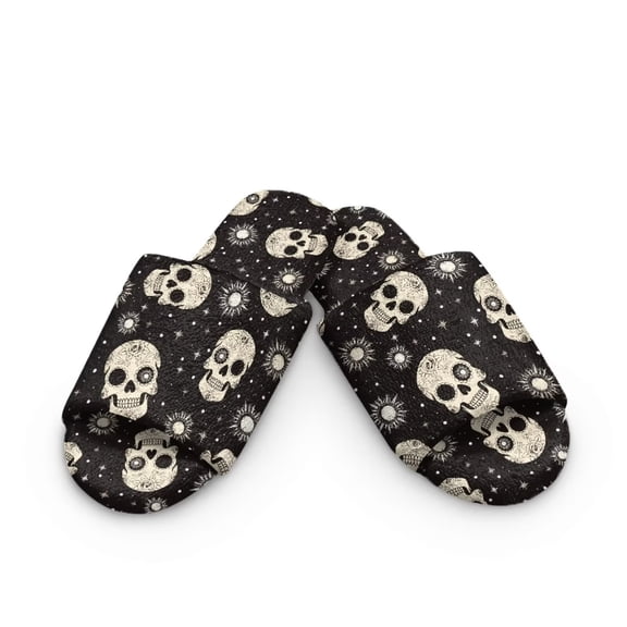 POLERO White Skull&Sun Print Slippers for Women Memory Foam House Bedroom Open Toe Slide Slipper Shoes Comfy Trendy Gift Slippers, Size 4.5-5.5