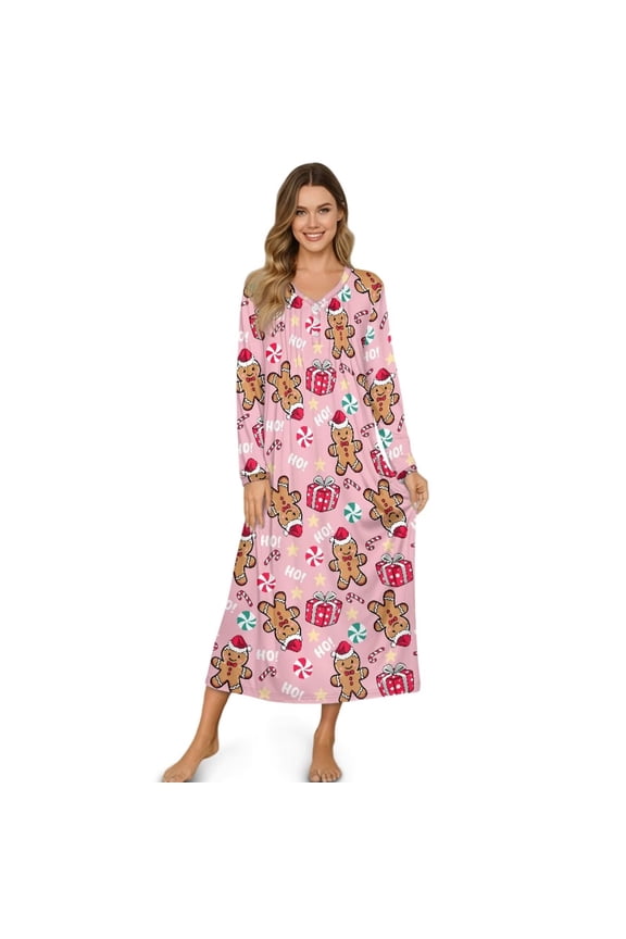 Winter Nightgowns for Women Christmas Button Down Long Sleeve Pink Cartoon Gingerbread Man Print House Dress Winter Warm Nightdress Loungewear, XL