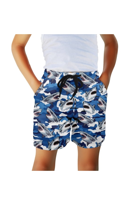 With Pockets Bed Sheet Board Shorts for Beach Summer, Washable Non Stretch Quick Dry Kids Beach Trunks, Shark Pattern