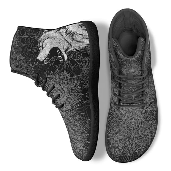 POLERO Wolf Boho Mandala Flower Walking Barefoot Shoes High Top Running Sneakers Black Office Business Sport Outdoor Gym Walk Sneaker Lace Up Hiking Tennis Shoes for Womens Mens Boys Girls