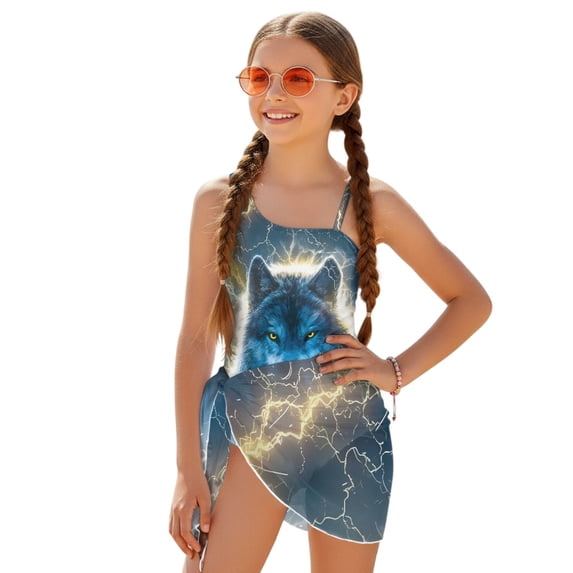 POLERO Wolf & Lightning Print Girls' One-Piece Swimsuit with Mesh Cover Up - Quick Dry, Adjustable Straps for Beach & Pool Vacations (7-18 Years)