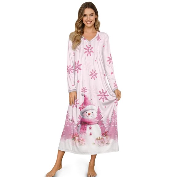 POLERO Women Nightgown Long Sleeve Pink Snowman Cute Print Soft Breathable Sleepwear Winter Warm Nightgowns House Dress, Small