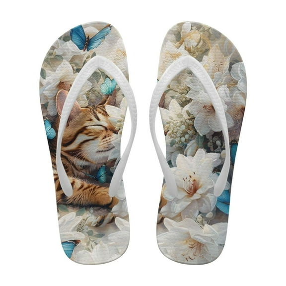 POLERO Women Shower Flip Flops Cat Flower Lightweight Walking Sandals for Women Arch Support