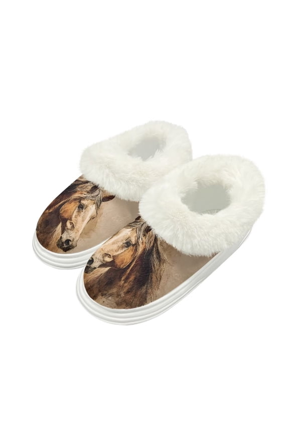 Women's Brown Horse Print Fuzzy Slippers Thick Sole House Slippers for Women Indoor Warm House Bedroom Shoes, Size 4-5