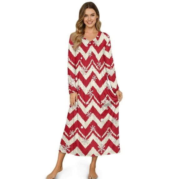 POLERO Women's Christmas Wave Stripes Nightgown Long Sleeve - Soft Comfy Sleepwear, Cozy Warm Long Full Length Sleep Dress Loungewear, 3XL
