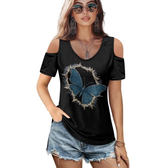 POLERO Women's Cut Out Cold Shoulder Tops Butterfly Jeans Print Summer Short Sleeve Sexy Shirts Travel Beach Hawaii Tunic Soft Lightweight Casual M